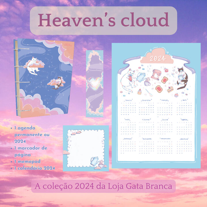 Coleção Heaven's Cloud com agenda permanente, marcador de página, memopad e calendário 2024 com tema de gatinhos inspirado na música Heaven's Cloud do Seventeen.